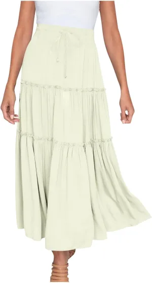 Women's Boho Maxi Skirt Summer Flowy Skirts A Line Pleated Skirts Ruffle Tiered Skirt Drawstring High Waist Skirt