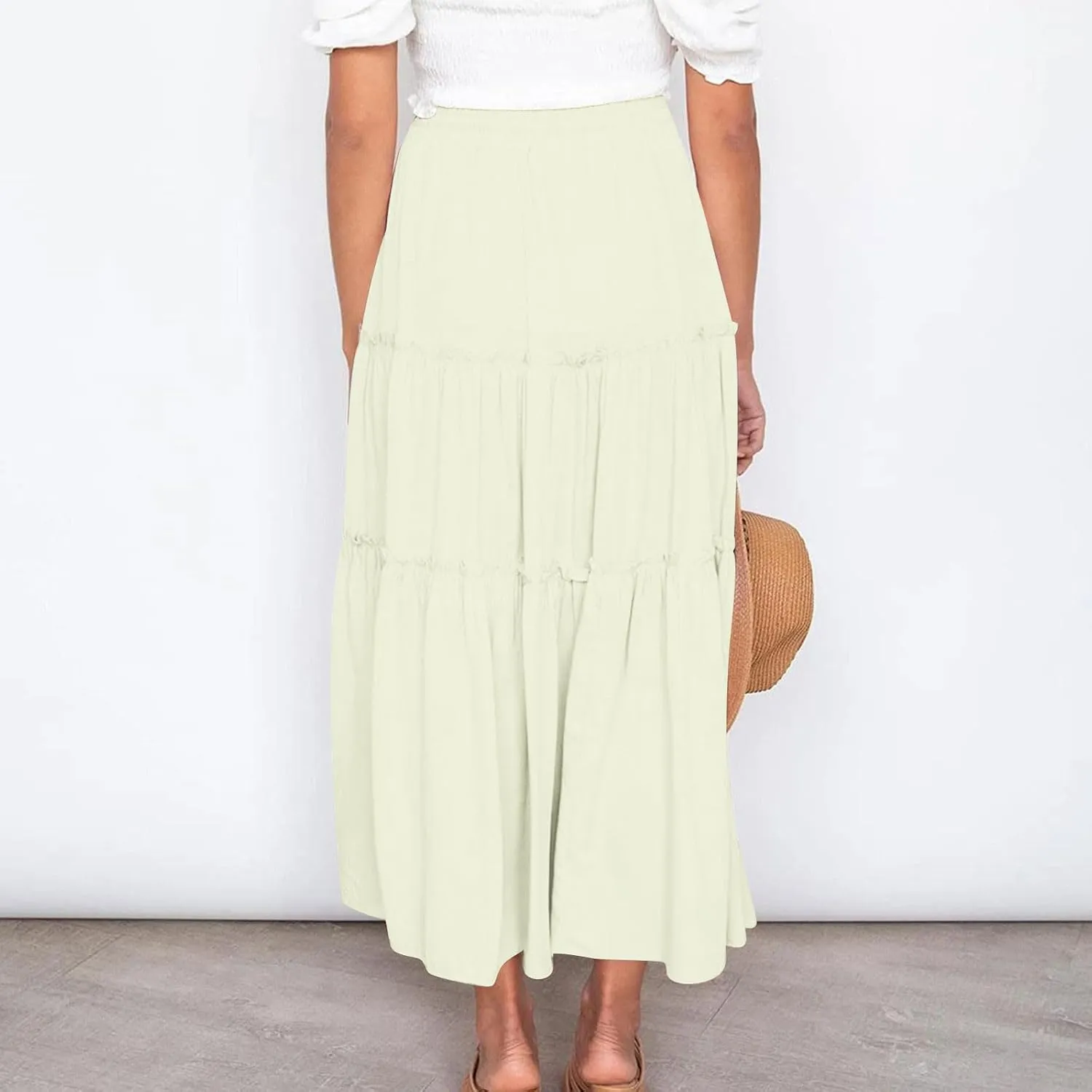 Women's Boho Maxi Skirt Summer Flowy Skirts A Line Pleated Skirts Ruffle Tiered Skirt Drawstring High Waist Skirt