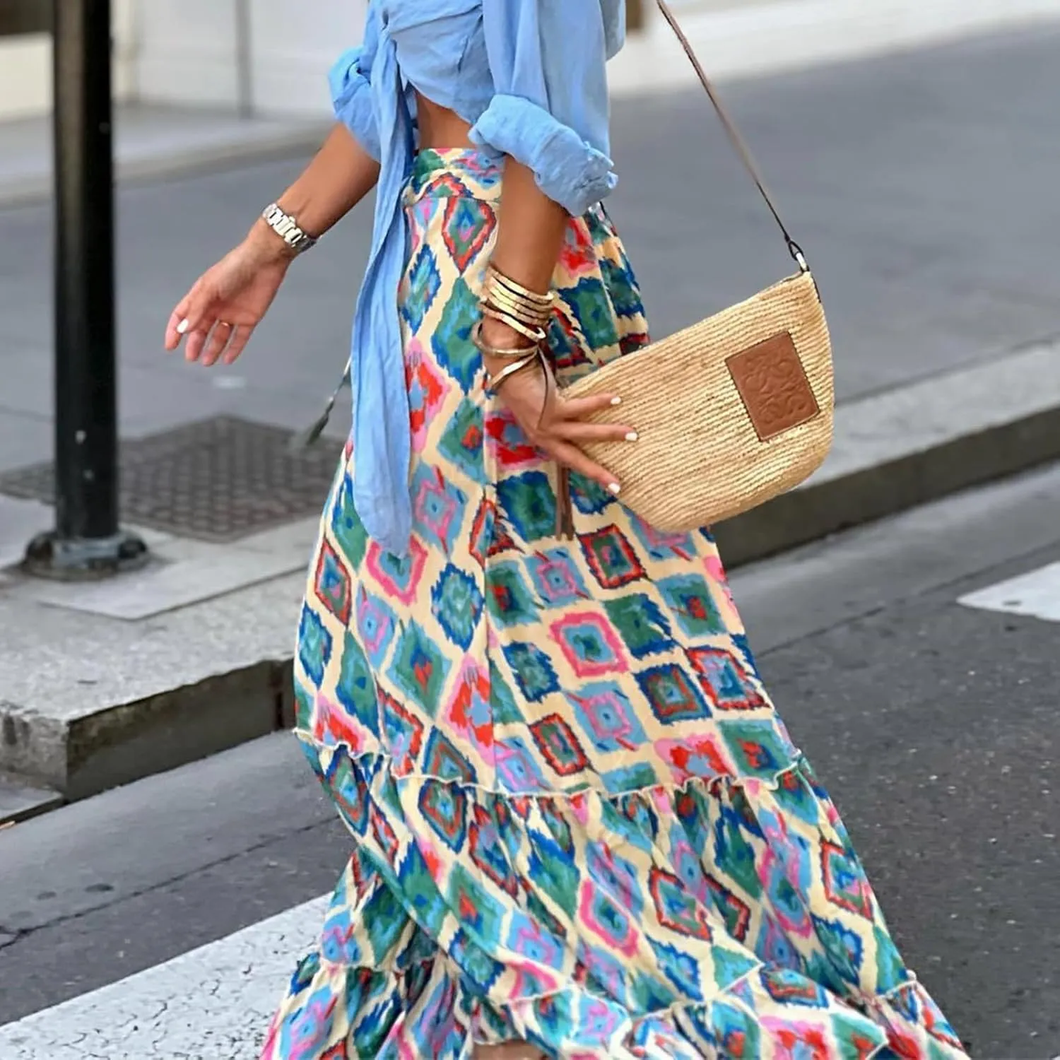 Womens Boho Ruffle Hem Long Skirts Flowy Drawstring Waist Maxi Skirts Tiered Summer Vacation Skirts for Women