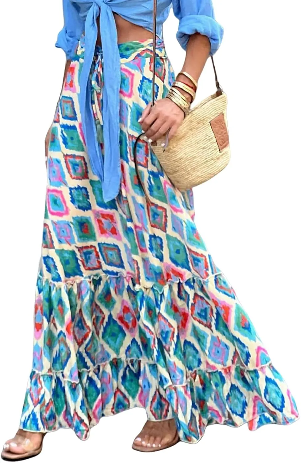 Womens Boho Ruffle Hem Long Skirts Flowy Drawstring Waist Maxi Skirts Tiered Summer Vacation Skirts for Women