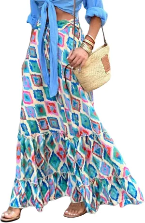 Womens Boho Ruffle Hem Long Skirts Flowy Drawstring Waist Maxi Skirts Tiered Summer Vacation Skirts for Women