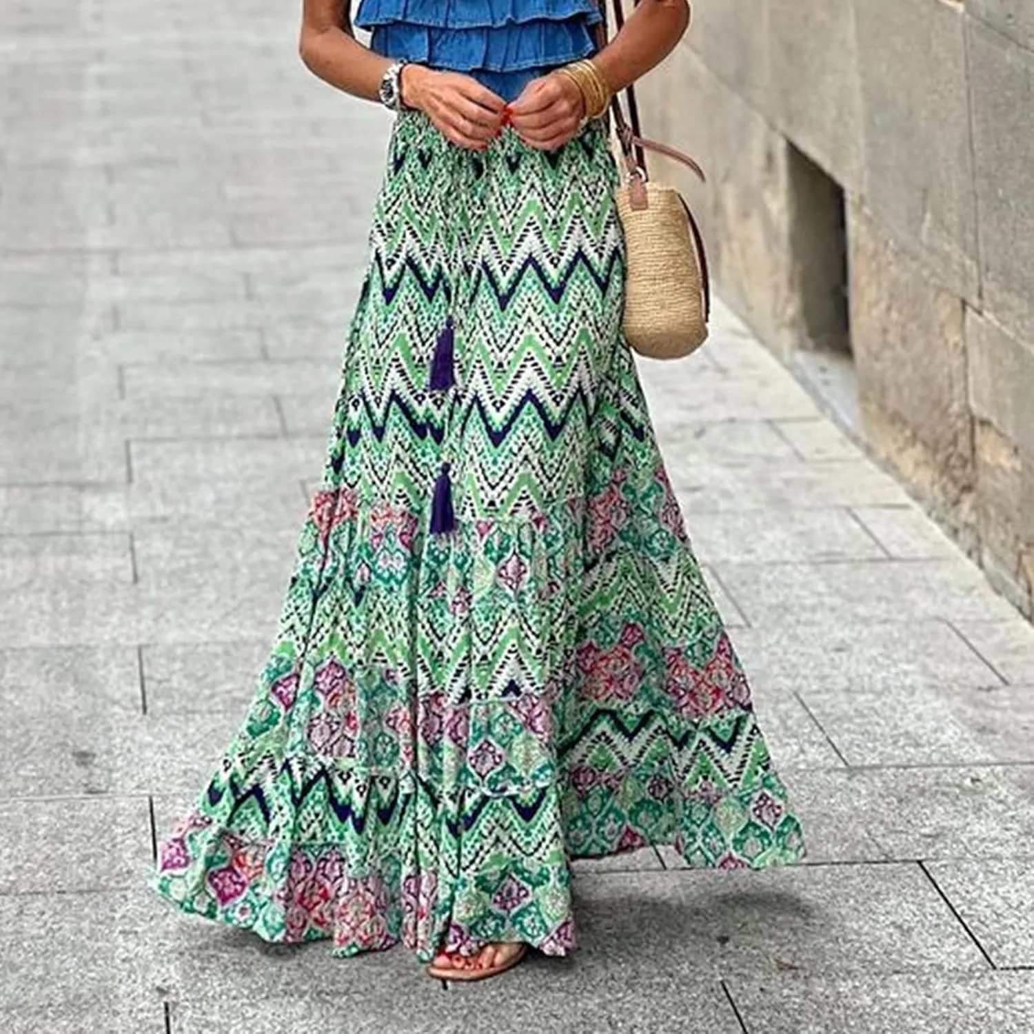 Womens Boho Ruffle Hem Long Skirts Flowy Drawstring Waist Maxi Skirts Tiered Summer Vacation Skirts for Women