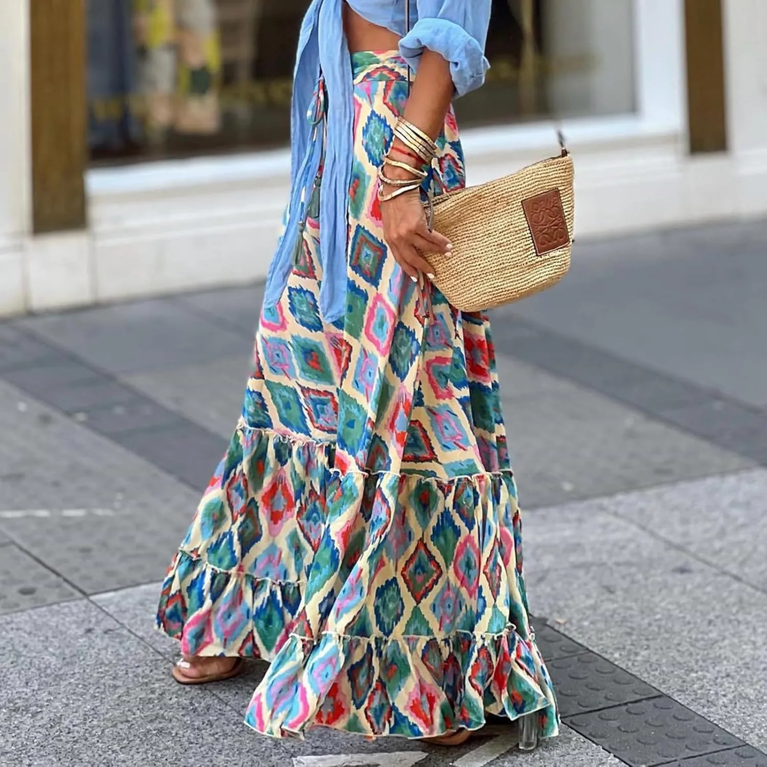 Womens Boho Ruffle Hem Long Skirts Flowy Drawstring Waist Maxi Skirts Tiered Summer Vacation Skirts for Women
