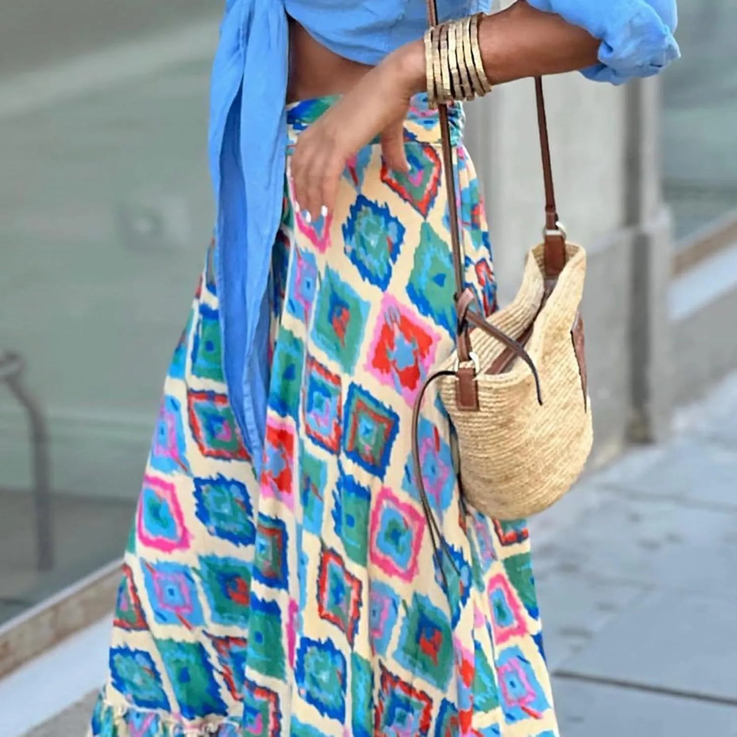 Womens Boho Ruffle Hem Long Skirts Flowy Drawstring Waist Maxi Skirts Tiered Summer Vacation Skirts for Women