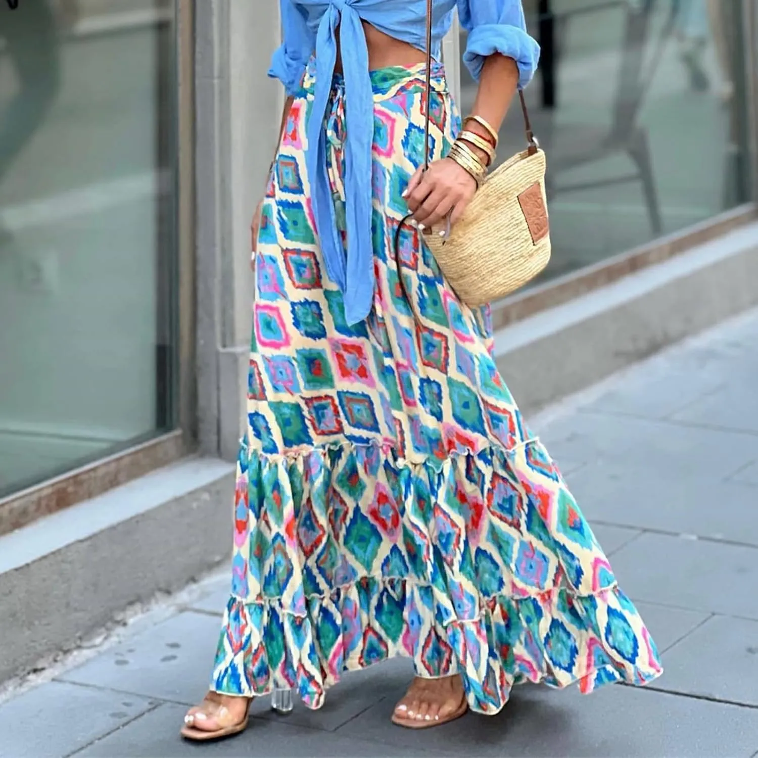 Womens Boho Ruffle Hem Long Skirts Flowy Drawstring Waist Maxi Skirts Tiered Summer Vacation Skirts for Women
