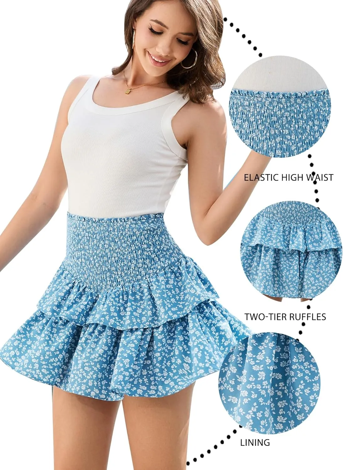 Women's Boho Ruffle Mini Skirt Flowy Layered High Waist Skater Skirts Cute Short Summer Skirts with Shorts
