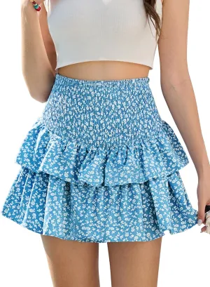 Women's Boho Ruffle Mini Skirt Flowy Layered High Waist Skater Skirts Cute Short Summer Skirts with Shorts
