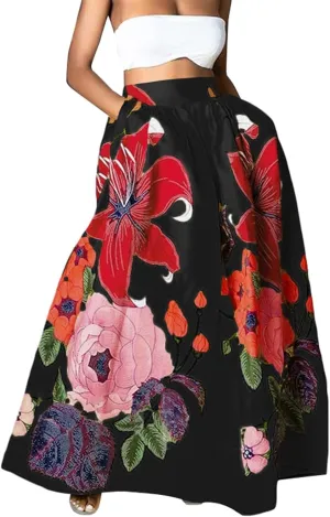 Women's Boho Skirt Summer Casual Loose Trendy Elastic High Waist Floral Print Bohemian Sun Beach Maxi Skirts 2025