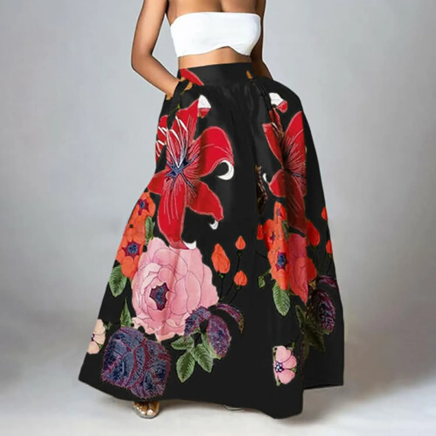 Women's Boho Skirt Summer Casual Loose Trendy Elastic High Waist Floral Print Bohemian Sun Beach Maxi Skirts 2025