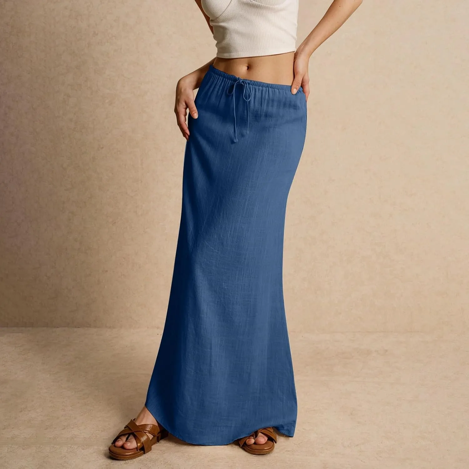Women's Boho Skirts Summer Casual Loose Trendy Drawstring Solid Color Long Maxi Beach Sun Skirt, S-2XL