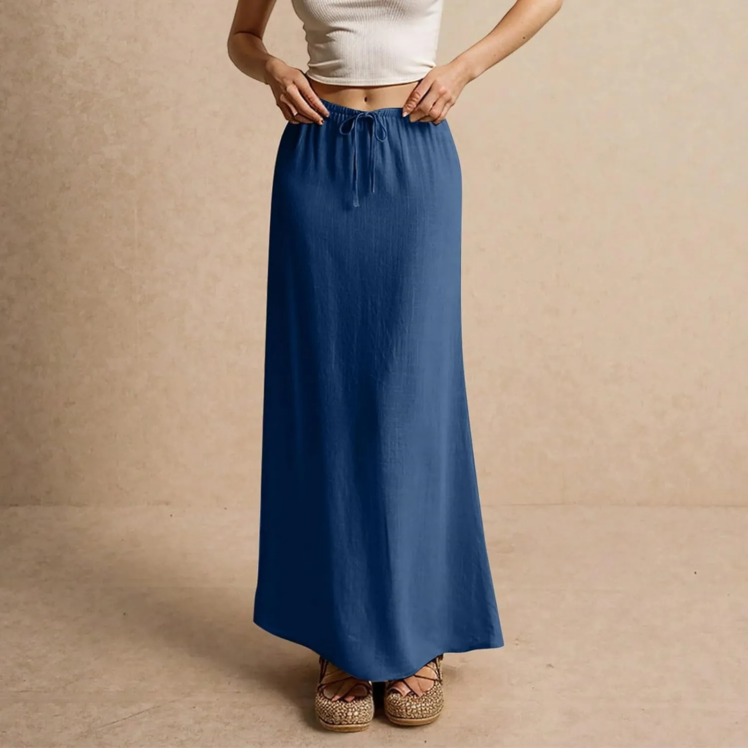 Women's Boho Skirts Summer Casual Loose Trendy Drawstring Solid Color Long Maxi Beach Sun Skirt, S-2XL