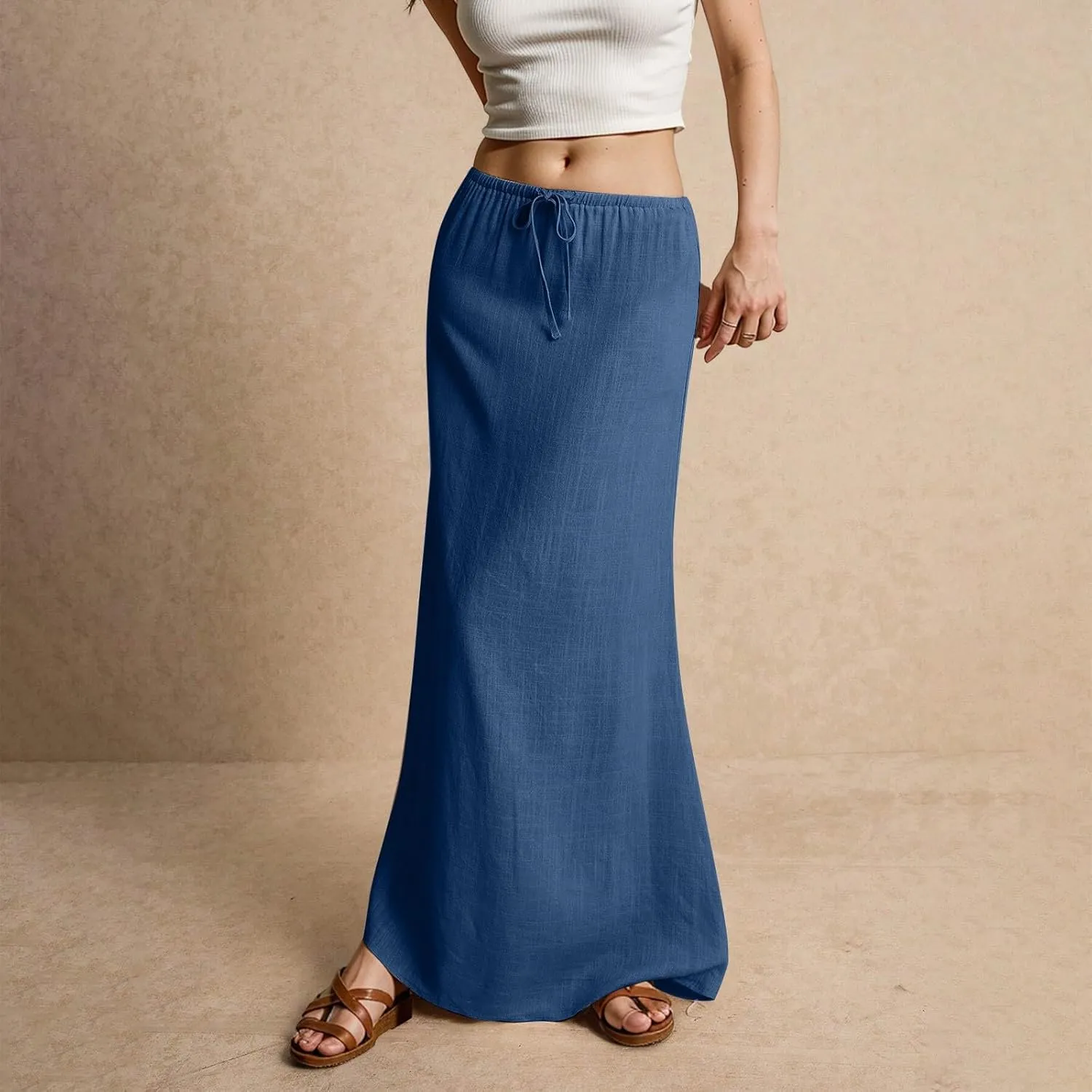 Women's Boho Skirts Summer Casual Loose Trendy Drawstring Solid Color Long Maxi Beach Sun Skirt, S-2XL