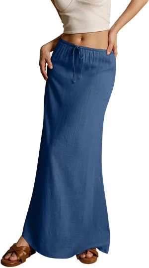Women's Boho Skirts Summer Casual Loose Trendy Drawstring Solid Color Long Maxi Beach Sun Skirt, S-2XL