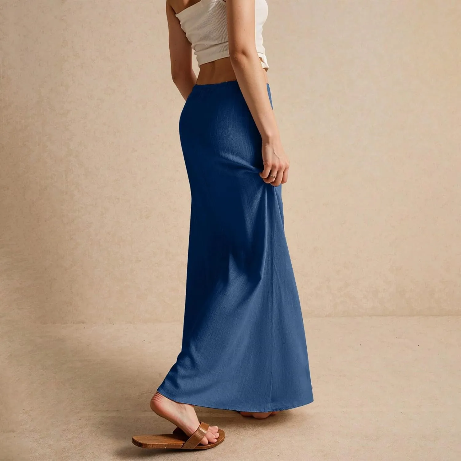 Women's Boho Skirts Summer Casual Loose Trendy Drawstring Solid Color Long Maxi Beach Sun Skirt, S-2XL