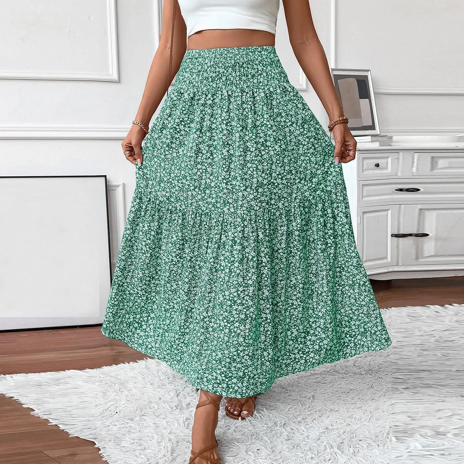 Women's Boho Skirts Summer Casual Loose Trendy Elastic Waist Floral Printed Bohemian Flowy A-Line Skirt 2025, S-XL