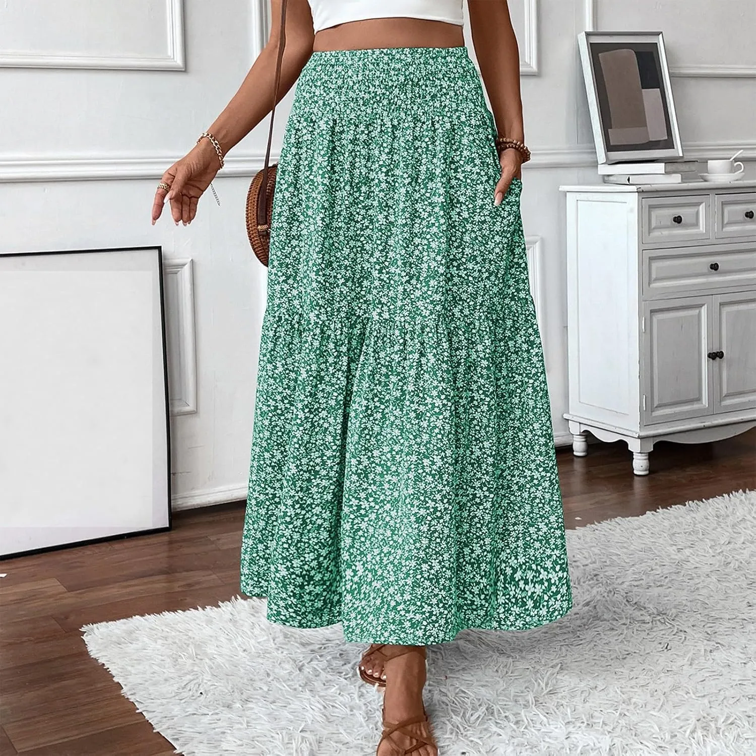 Women's Boho Skirts Summer Casual Loose Trendy Elastic Waist Floral Printed Bohemian Flowy A-Line Skirt 2025, S-XL