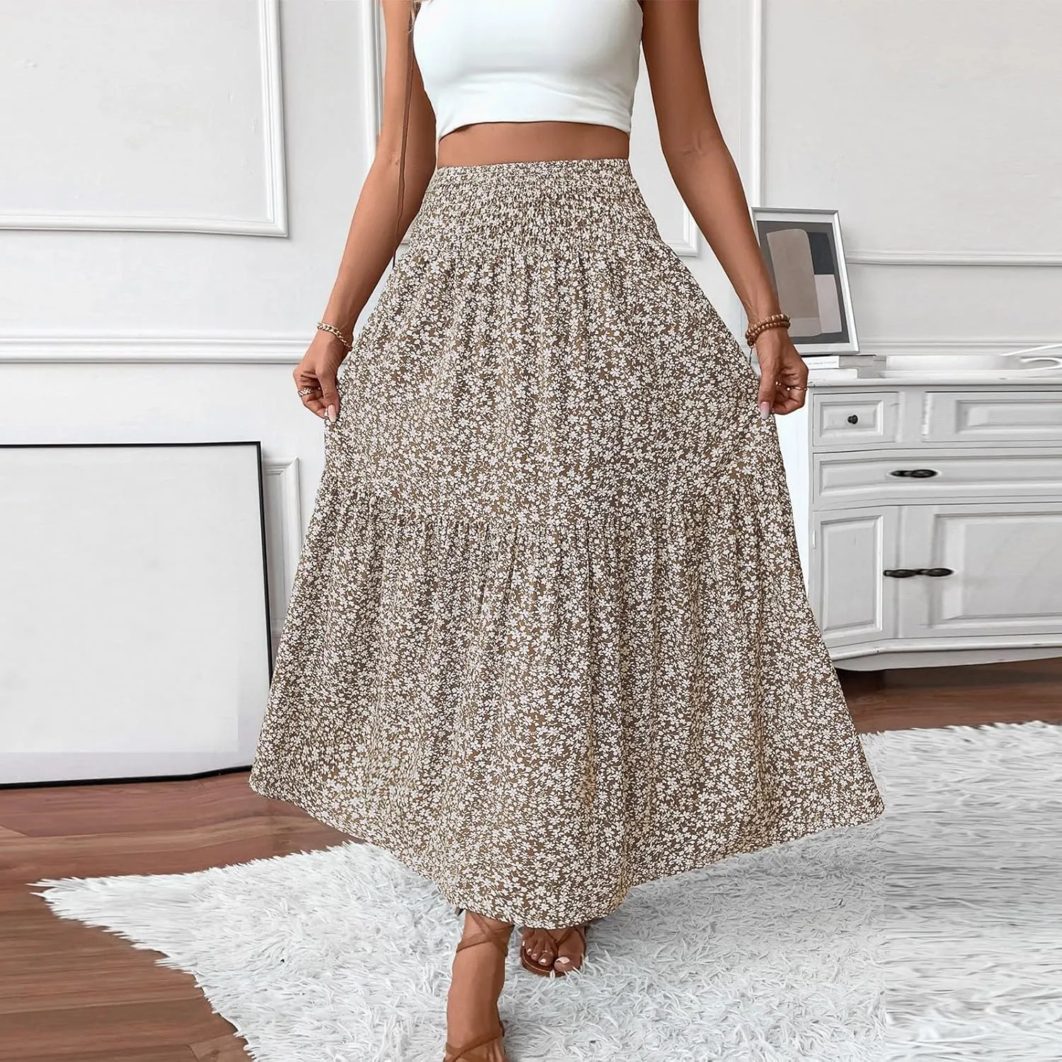 Women's Boho Skirts Summer Casual Loose Trendy Elastic Waist Floral Printed Bohemian Flowy A-Line Skirt 2025, S-XL