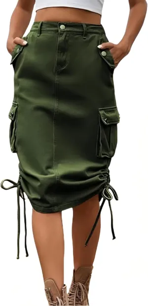 Women's Cargo Skirt Adjustable High Waisted Drawstring Midi Denim Skirts with Flap Pocket
