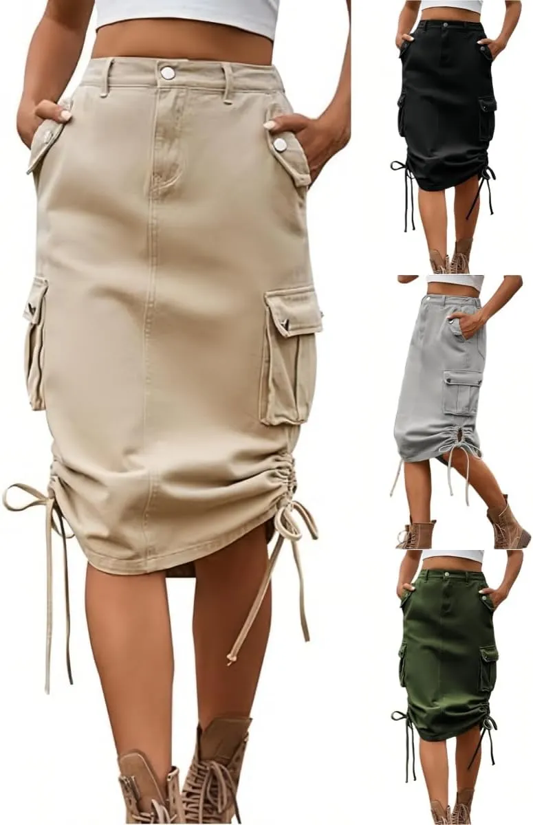 Women's Cargo Skirt Adjustable High Waisted Drawstring Midi Denim Skirts with Flap Pocket