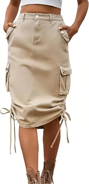 Women's Cargo Skirt Adjustable High Waisted Drawstring Midi Denim Skirts with Flap Pocket