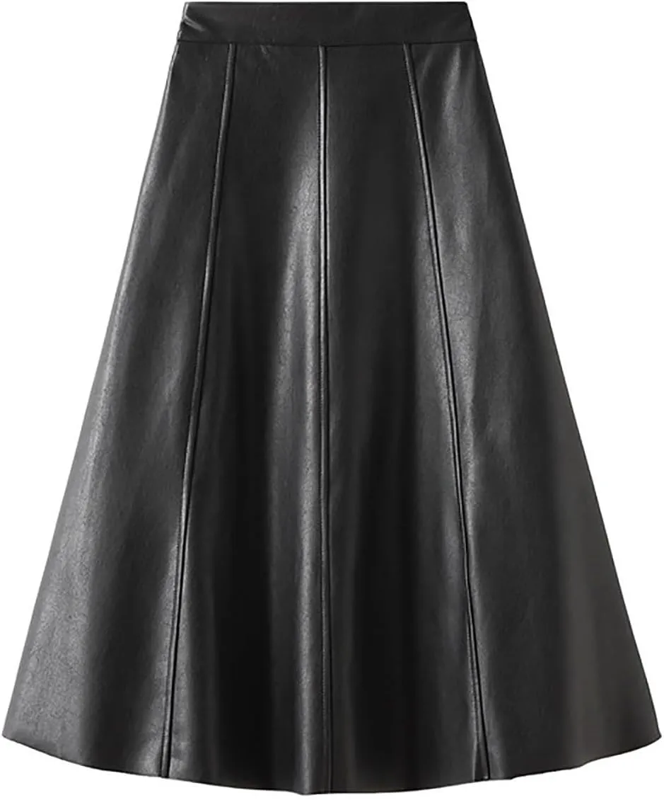 Women's Casual A-Line Flare Pleated Faux Leather Skater Skirts 50s Vintage Skirt Knee Length Ruched Flowy Midi Skirt