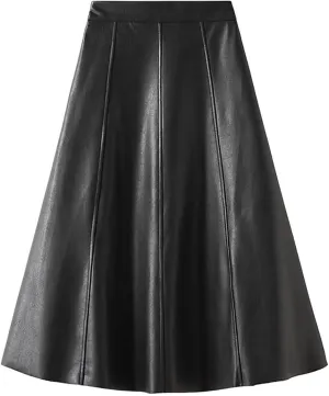 Women's Casual A-Line Flare Pleated Faux Leather Skater Skirts 50s Vintage Skirt Knee Length Ruched Flowy Midi Skirt