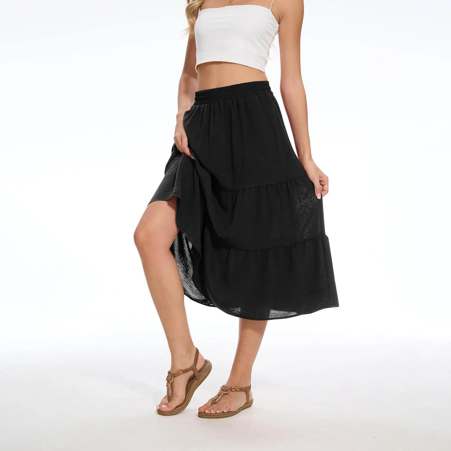 Womens Casual Summer Skirts Comfy Tiered Midi Skirt Elastic Waist A Line Flowy Skirts Trendy Beach Skirt with Pockets