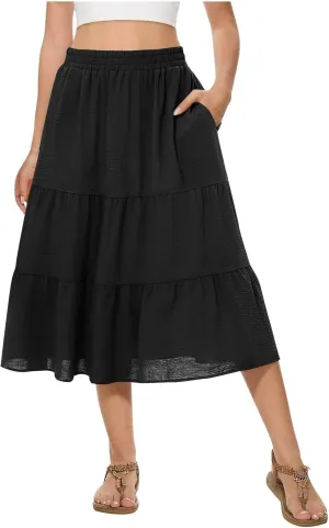 Womens Casual Summer Skirts Comfy Tiered Midi Skirt Elastic Waist A Line Flowy Skirts Trendy Beach Skirt with Pockets