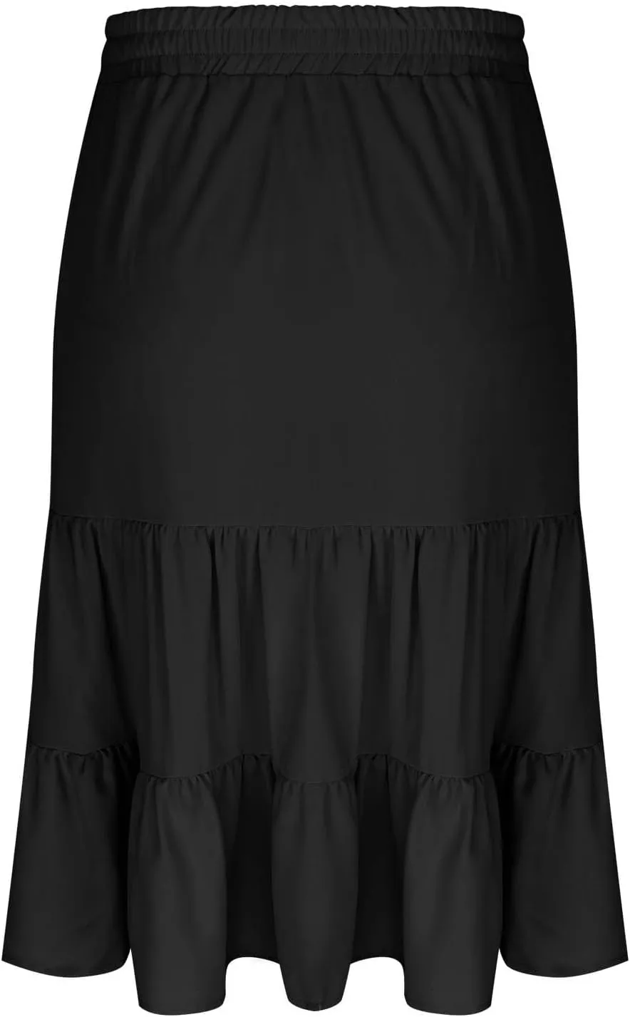 Womens Casual Summer Skirts Comfy Tiered Midi Skirt Elastic Waist A Line Flowy Skirts Trendy Beach Skirt with Pockets