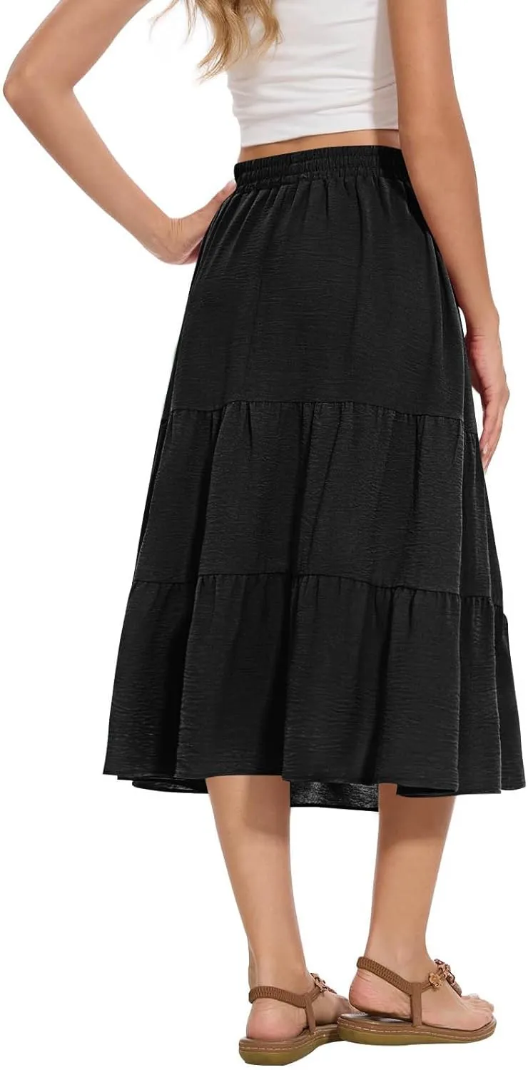 Womens Casual Summer Skirts Comfy Tiered Midi Skirt Elastic Waist A Line Flowy Skirts Trendy Beach Skirt with Pockets