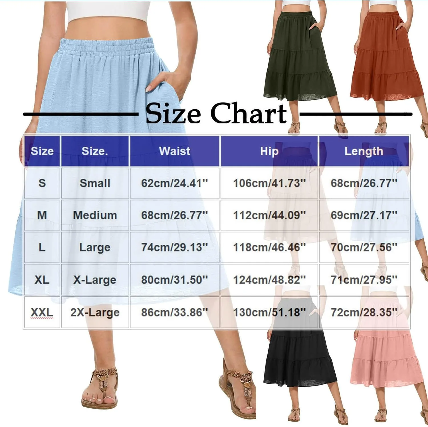 Womens Casual Summer Skirts Comfy Tiered Midi Skirt Elastic Waist A Line Flowy Skirts Trendy Beach Skirt with Pockets