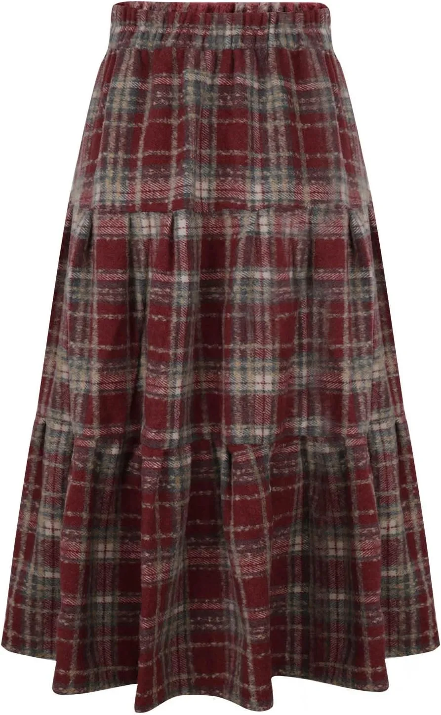 Womens Checkered Long Skirts Stretch High Waist A-Line Swing Skirt Comfy Wool Blend Ankle Length Midi Skirt