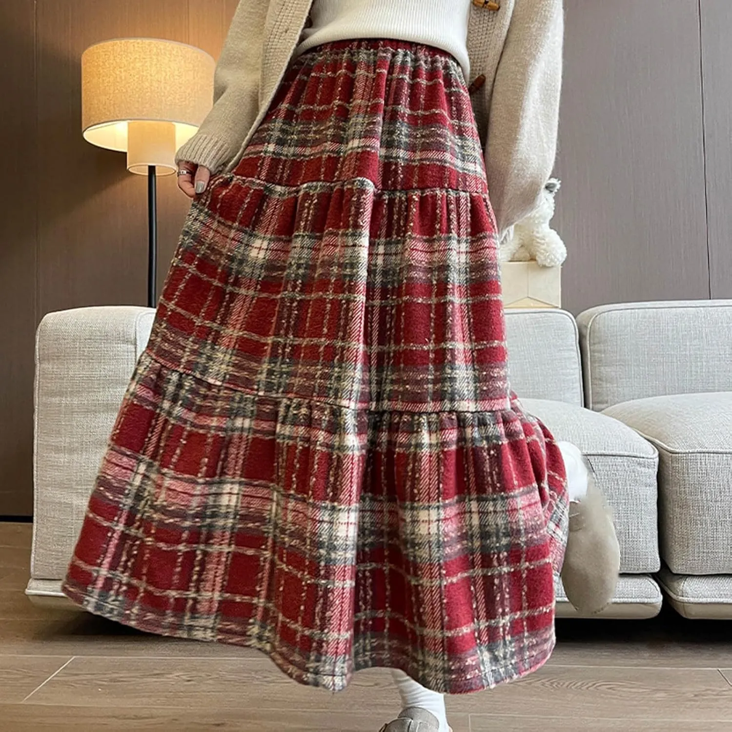 Womens Checkered Long Skirts Stretch High Waist A-Line Swing Skirt Comfy Wool Blend Ankle Length Midi Skirt