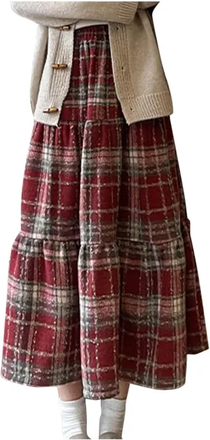 Womens Checkered Long Skirts Stretch High Waist A-Line Swing Skirt Comfy Wool Blend Ankle Length Midi Skirt