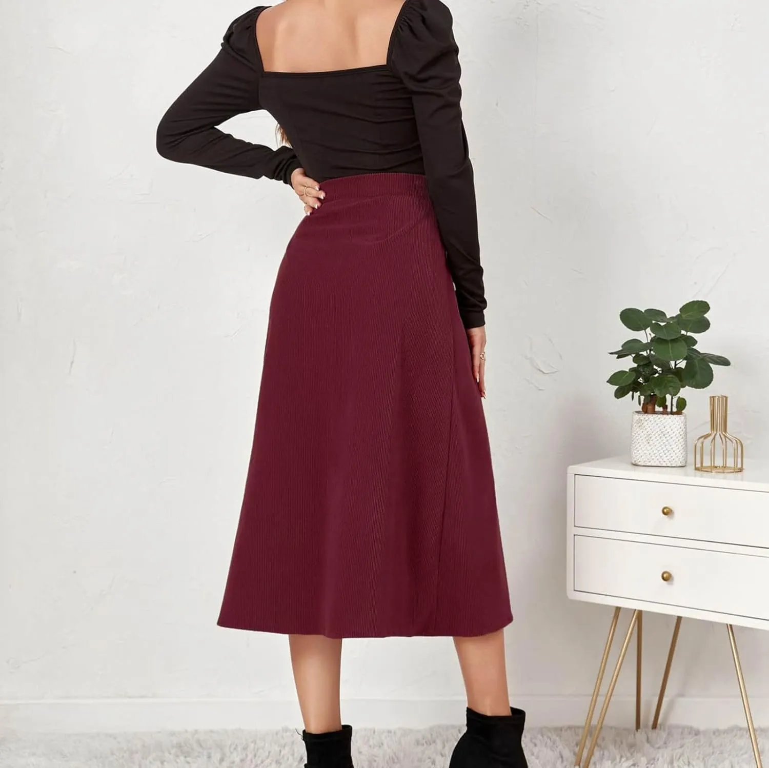 Womens Corduroy Midi Skirts Button Up High Waist A-Line Basic Solid Color Business Casual Slim Fit Winter Skirts