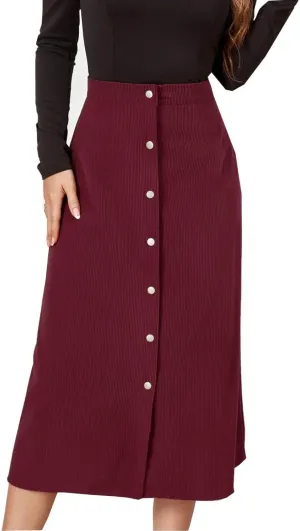Womens Corduroy Midi Skirts Button Up High Waist A-Line Basic Solid Color Business Casual Slim Fit Winter Skirts