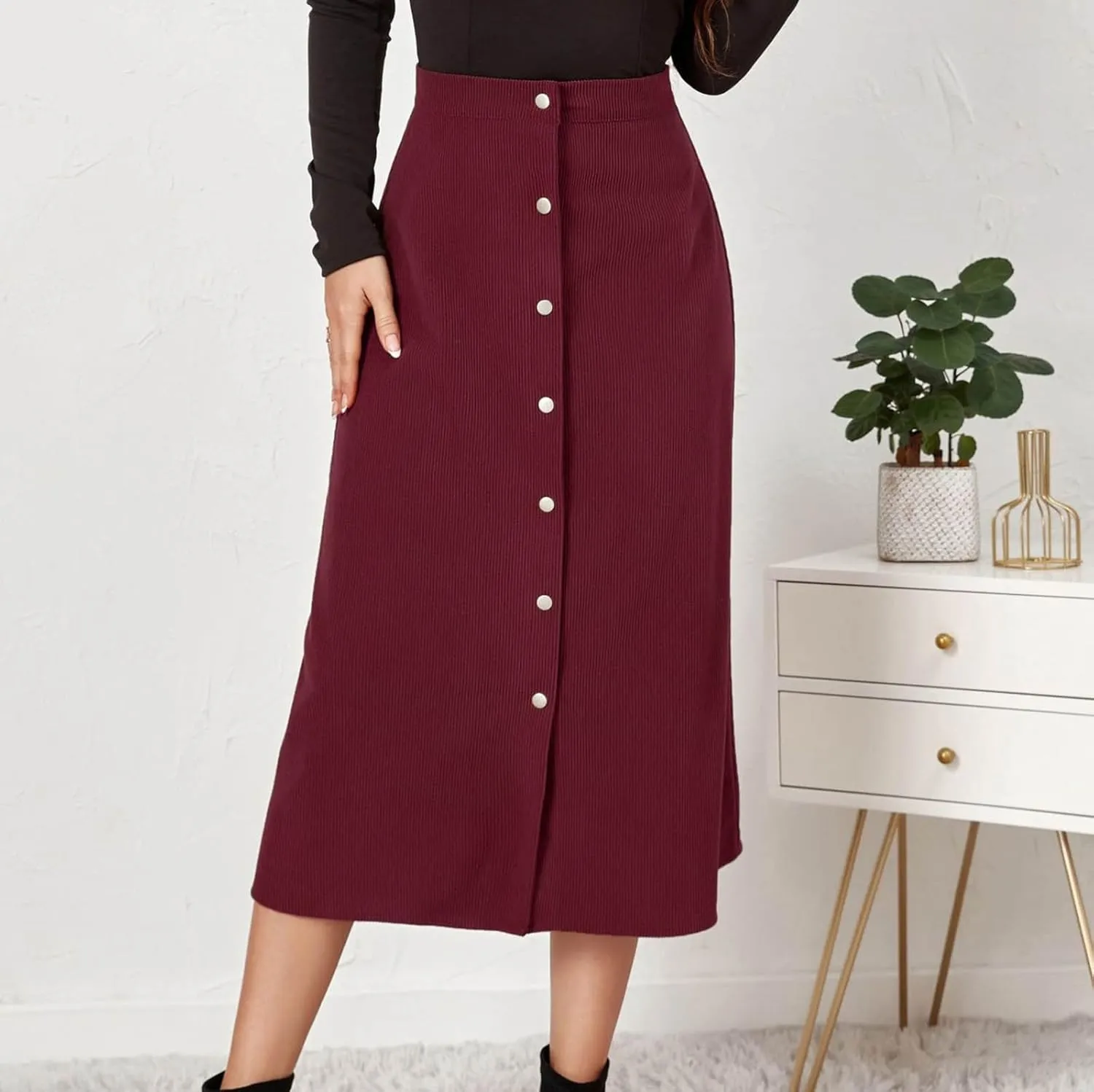 Womens Corduroy Midi Skirts Button Up High Waist A-Line Basic Solid Color Business Casual Slim Fit Winter Skirts