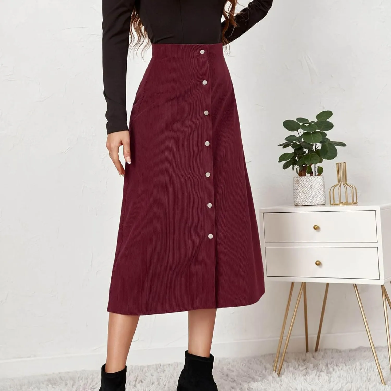 Womens Corduroy Midi Skirts Button Up High Waist A-Line Basic Solid Color Business Casual Slim Fit Winter Skirts