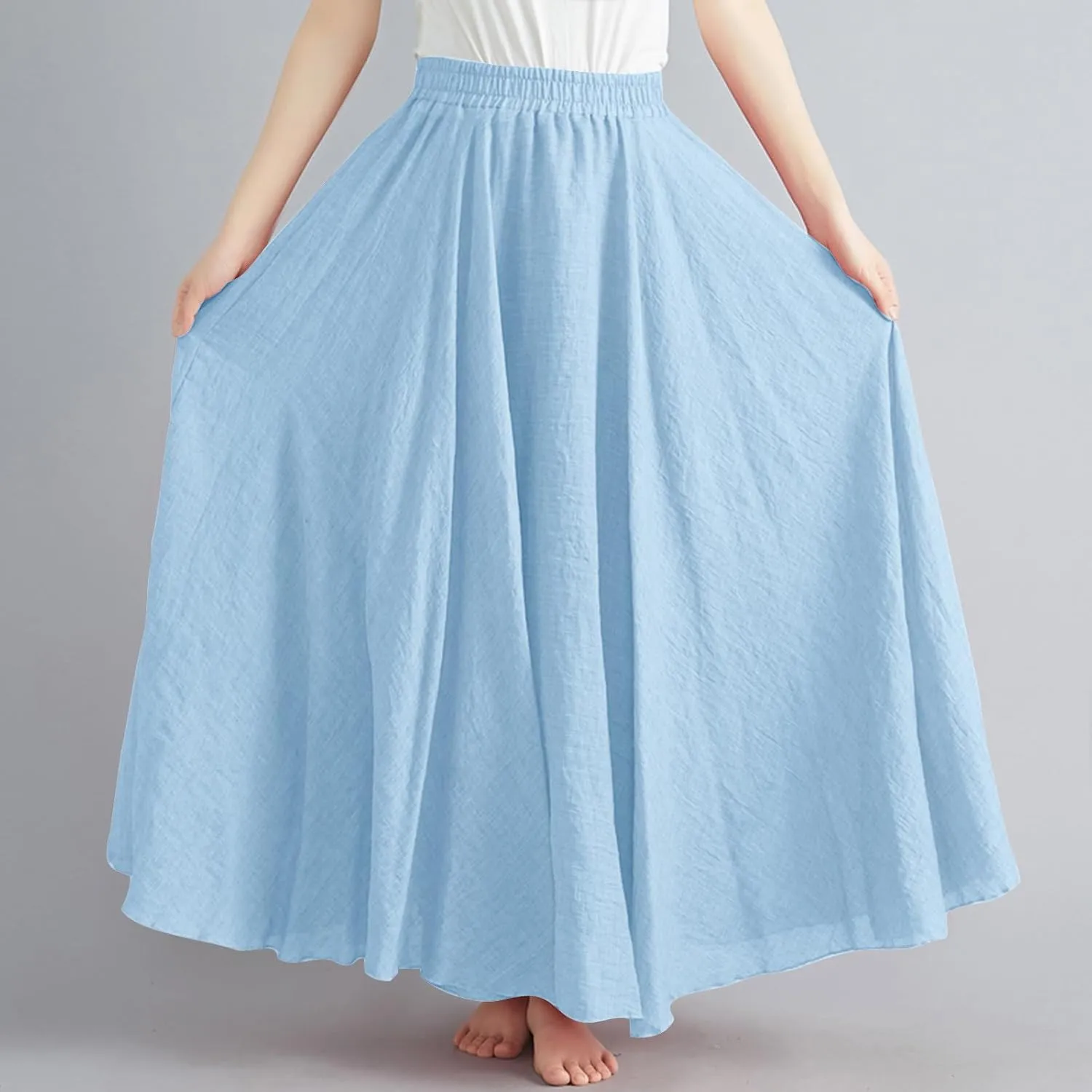 Womens Cotton Linen Maxi Skirts Summer Boho Solid Beach Elastic High Waist Pleated A-Line Flowy Swing Long Maxi Skirt