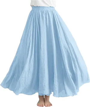 Womens Cotton Linen Maxi Skirts Summer Boho Solid Beach Elastic High Waist Pleated A-Line Flowy Swing Long Maxi Skirt