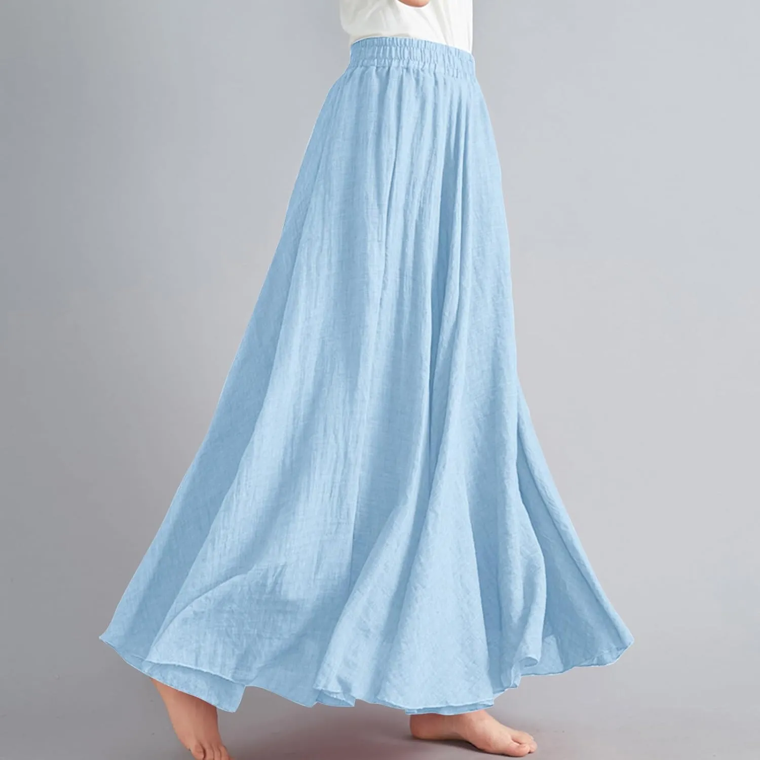 Womens Cotton Linen Maxi Skirts Summer Boho Solid Beach Elastic High Waist Pleated A-Line Flowy Swing Long Maxi Skirt