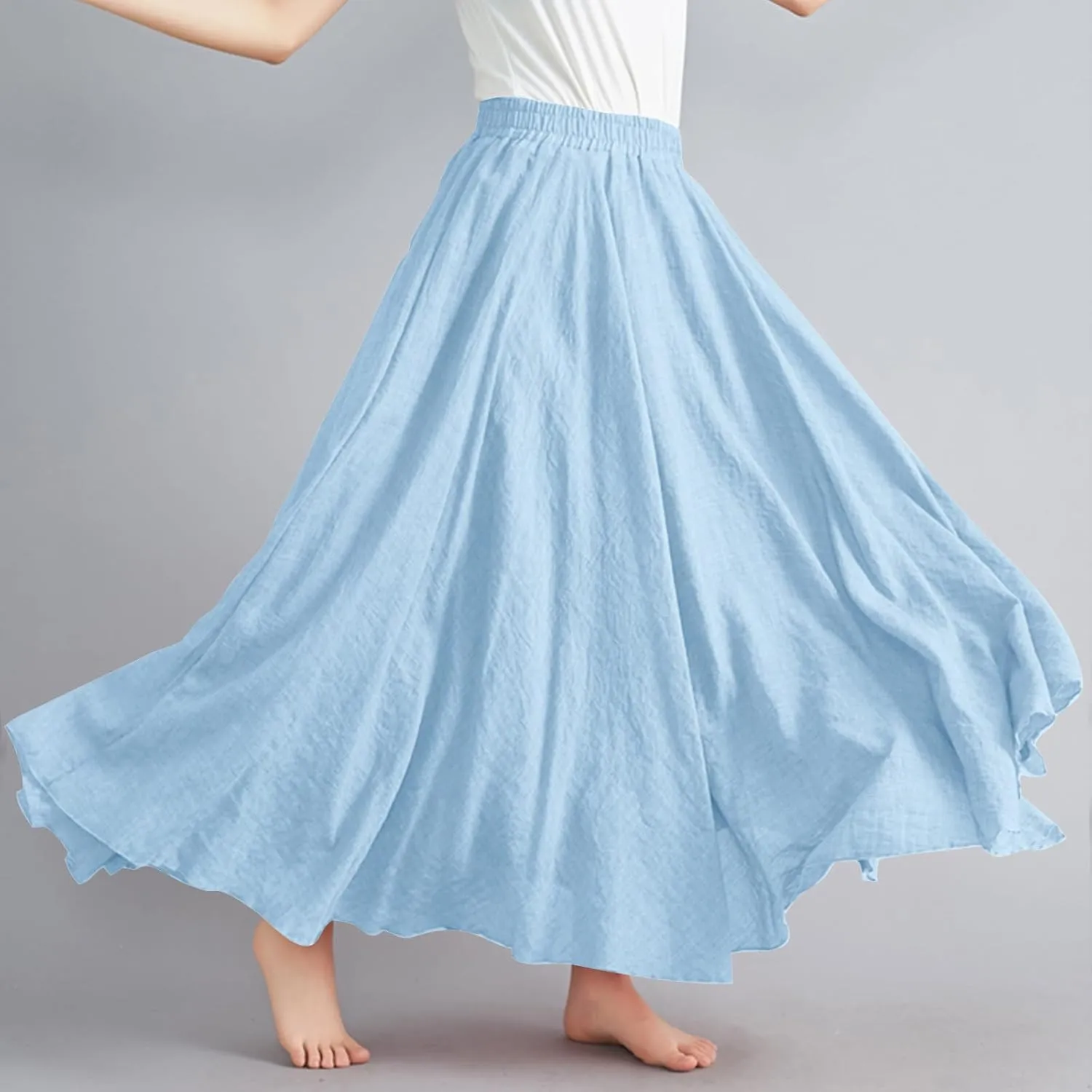 Womens Cotton Linen Maxi Skirts Summer Boho Solid Beach Elastic High Waist Pleated A-Line Flowy Swing Long Maxi Skirt