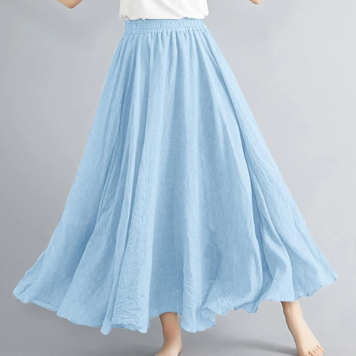 Womens Cotton Linen Maxi Skirts Summer Boho Solid Beach Elastic High Waist Pleated A-Line Flowy Swing Long Maxi Skirt
