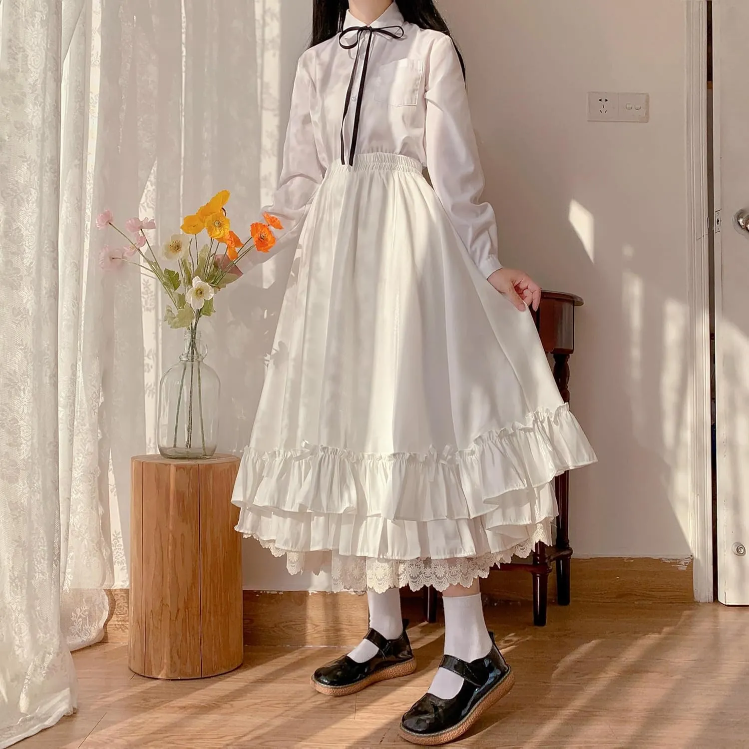 Women's Cute High Waist Maxi Skirt - Renaissance, Ruffle, Flowing Long Victorian Skirt