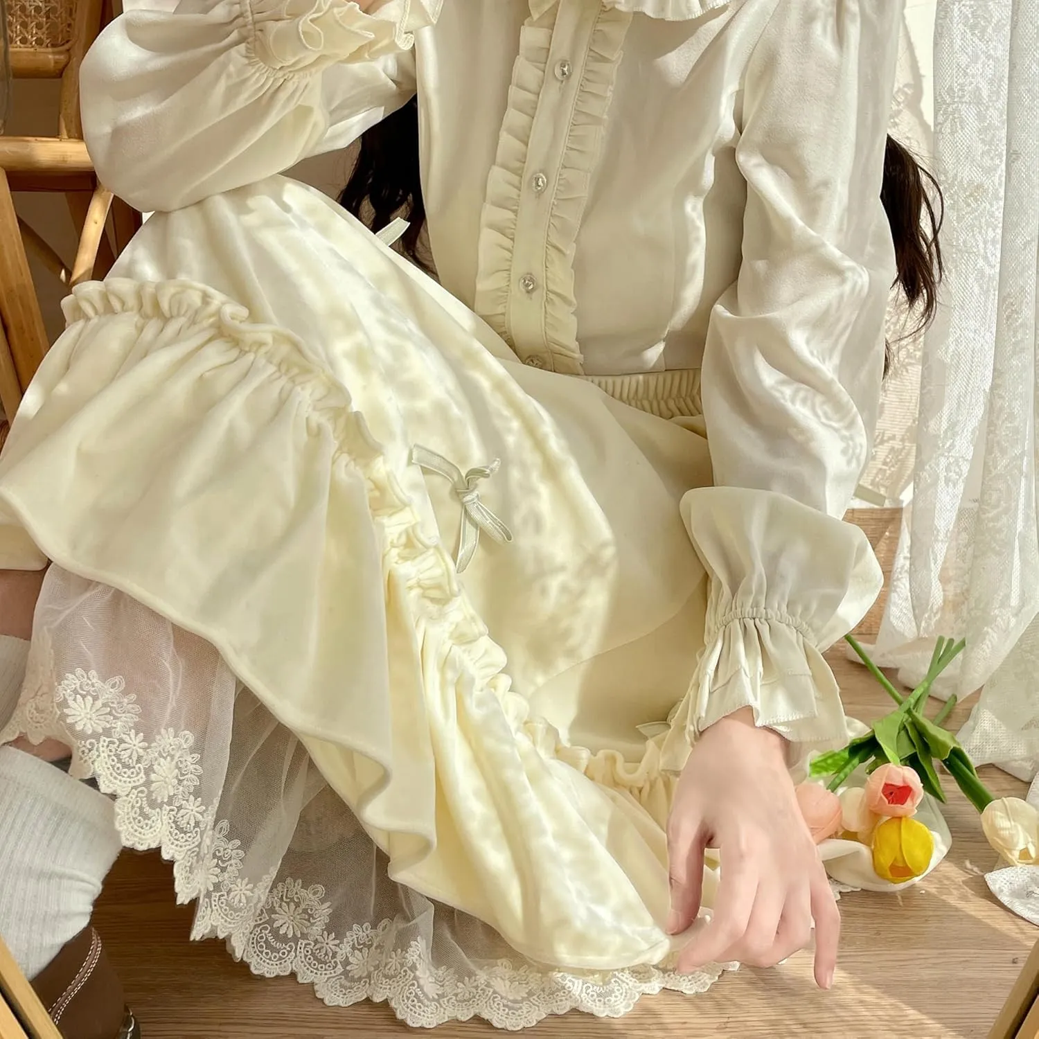 Women's Cute High Waist Maxi Skirt - Renaissance, Ruffle, Flowing Long Victorian Skirt