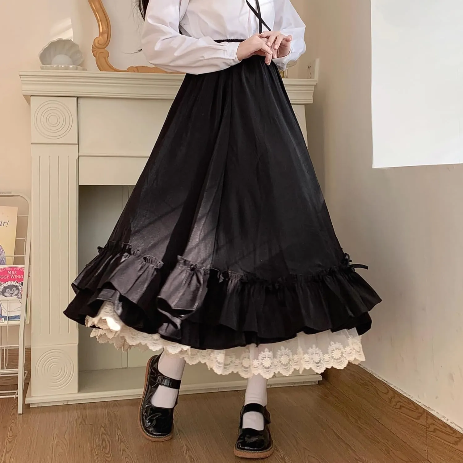 Women's Cute High Waist Maxi Skirt - Renaissance, Ruffle, Flowing Long Victorian Skirt