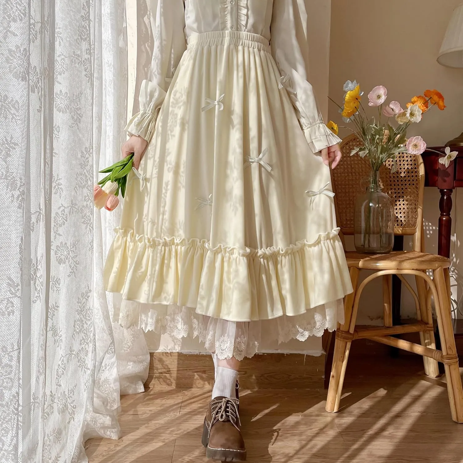 Women's Cute High Waist Maxi Skirt - Renaissance, Ruffle, Flowing Long Victorian Skirt