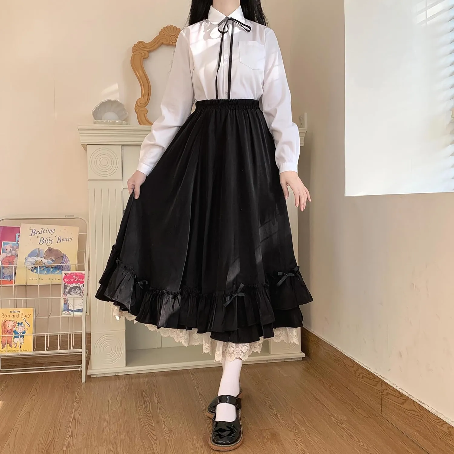 Women's Cute High Waist Maxi Skirt - Renaissance, Ruffle, Flowing Long Victorian Skirt