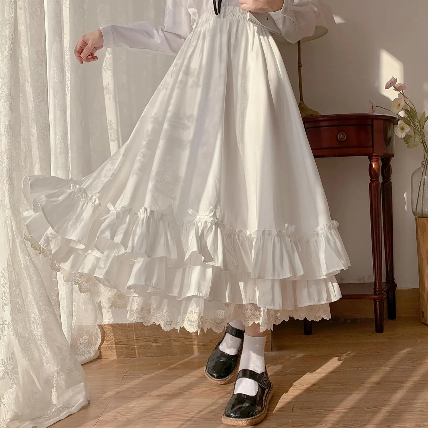 Women's Cute High Waist Maxi Skirt - Renaissance, Ruffle, Flowing Long Victorian Skirt
