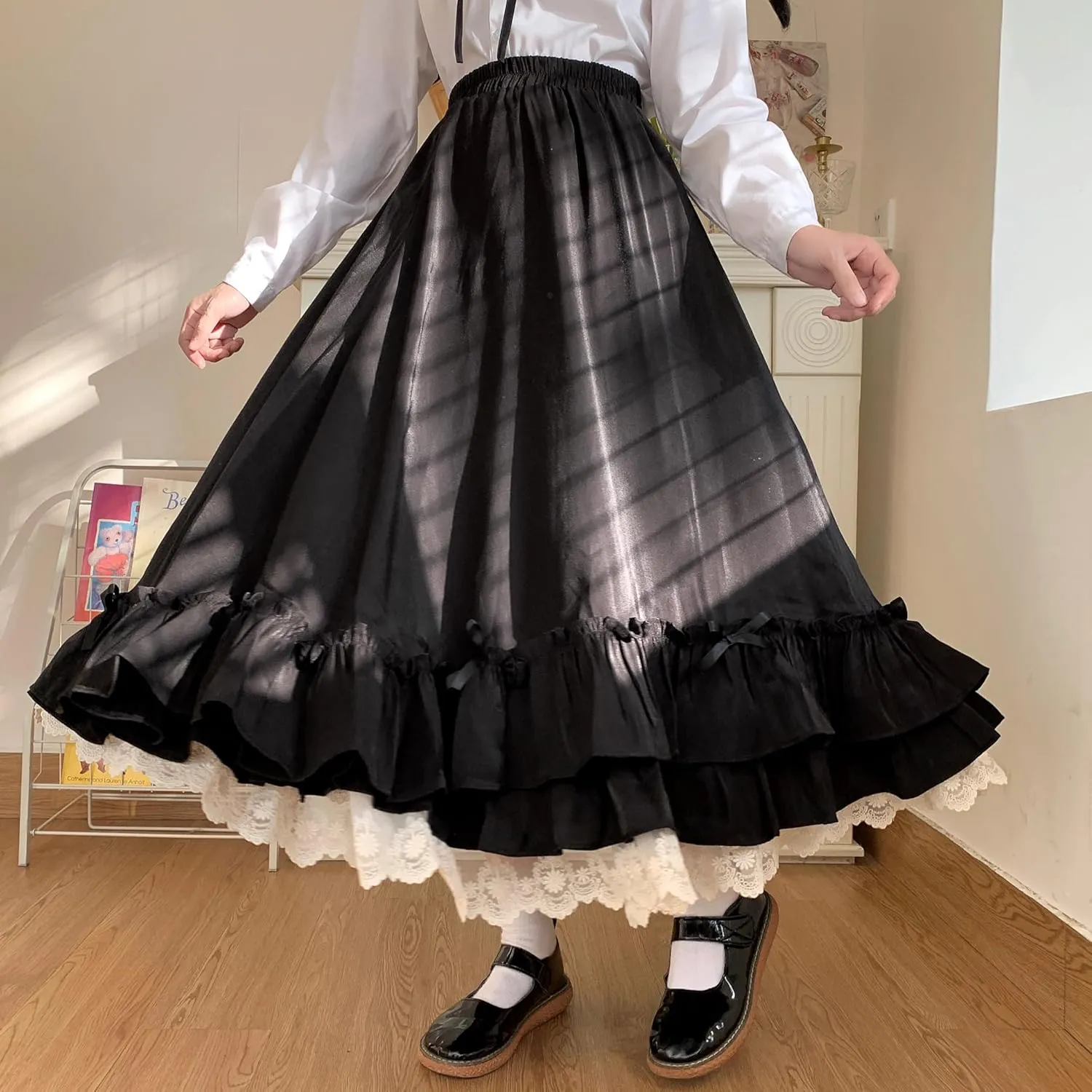 Women's Cute High Waist Maxi Skirt - Renaissance, Ruffle, Flowing Long Victorian Skirt